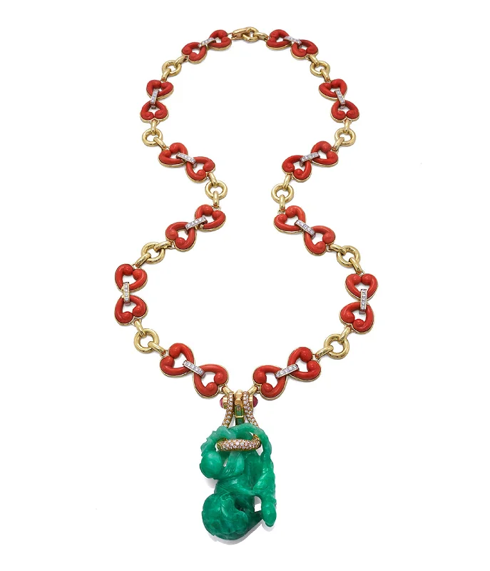 Astrology sign necklaces-Jade Gourd Pendant and Coral Necklace