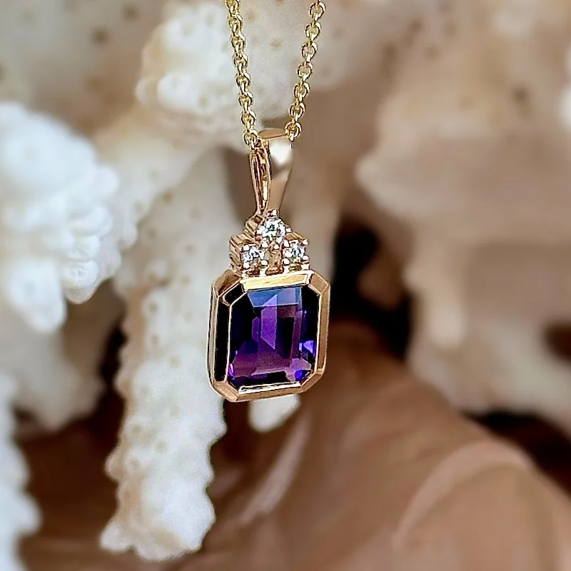 Ruby stone necklaces-Emerald Cut Amethyst and Diamond Necklace