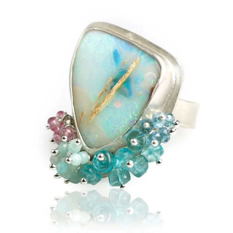 Dragonfly rings-Aqua Pool Boulder Opal Ring with Fringe. Size 7 1/2.