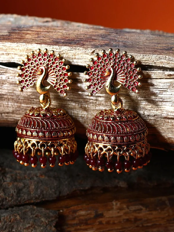 Stone-wrapped earrings-Dancing Peacock Style Maroon & Gold-Plated Enamelled Dome Shape Jhumka Jhumki Earrings for Women