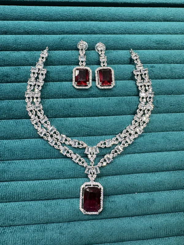 Feather-light earrings-Punjabi Square Shaped Silver Plated CZ Necklace Earrings Set