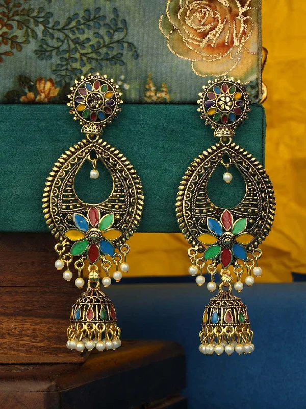 Classic pearl earrings-Multicolour Traditional Gold Plated Party Wear Antique Heavy Jhumka Earring For Girls and Women