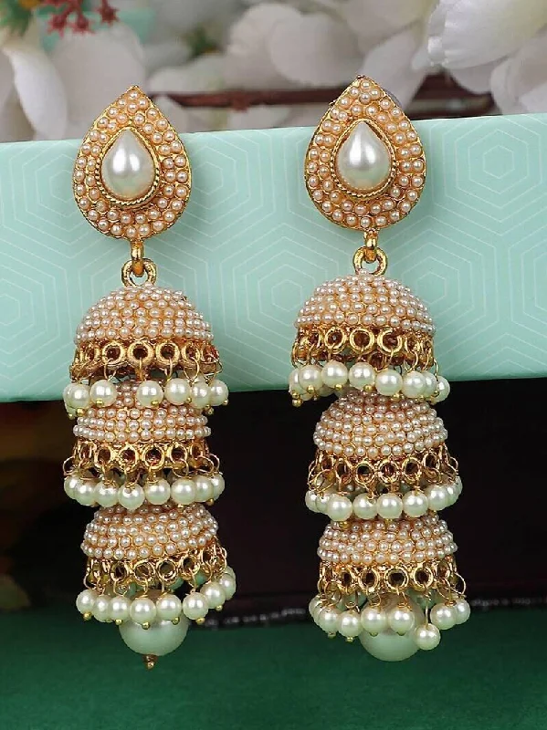 Leaf pattern earrings-Gold Plated White Pearl 3 Floor Brass Jhumka Earrings, Pearl Jhumki Earrings, Jhumkas with pearls, Chandbali Jhumkas