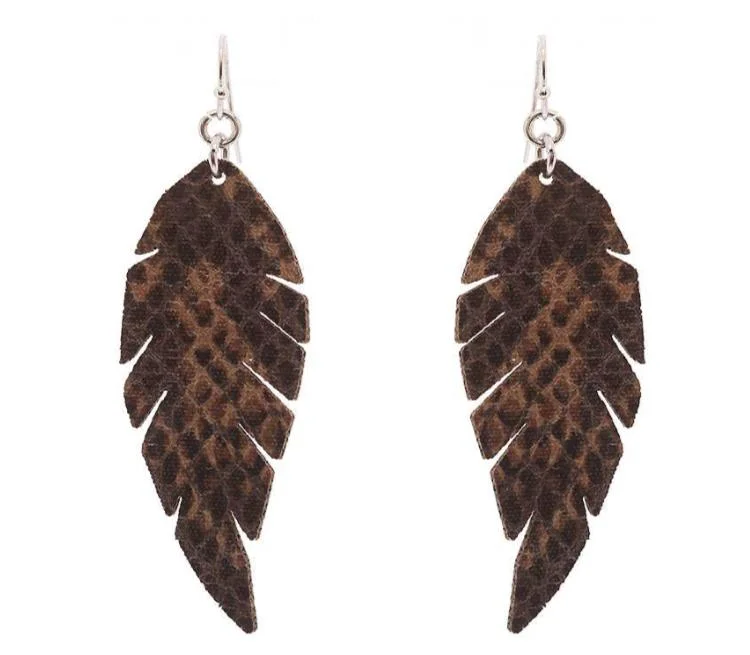 Classic pearl earrings-BROWN SNAKE SKIN STYLE FAUX LEATHER FEATHER EARRINGS