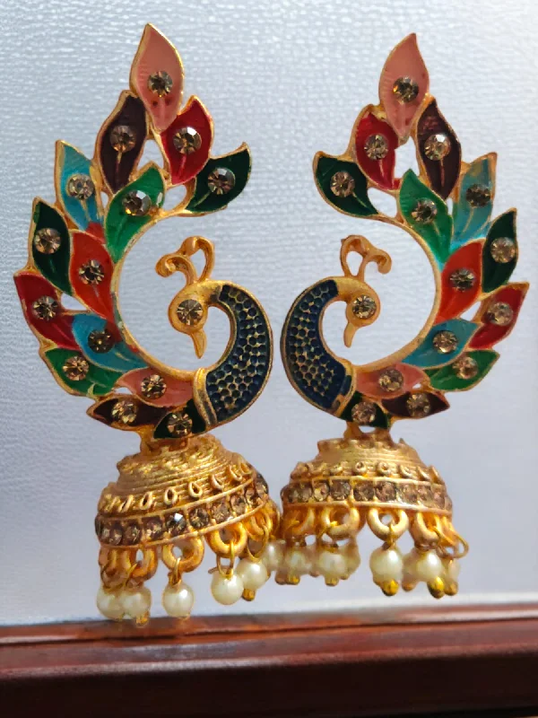 Mid-century earrings-Peacock Gold Plated Kundan Earrings Set, Peacock earrings, Peacock Jewellery, Pakistani Earring Jewelry, Indian Jewelry set, Bollywood earrings, Pearl Earrings