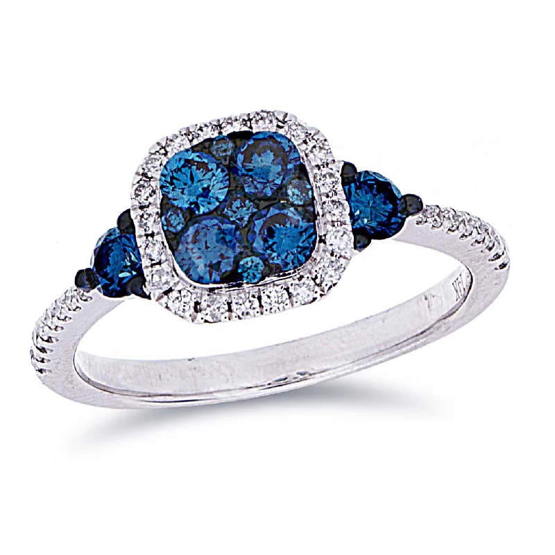 Thick gold rings-Blue Diamond Square Cluster Halo Ring with accent Blue Diamonds