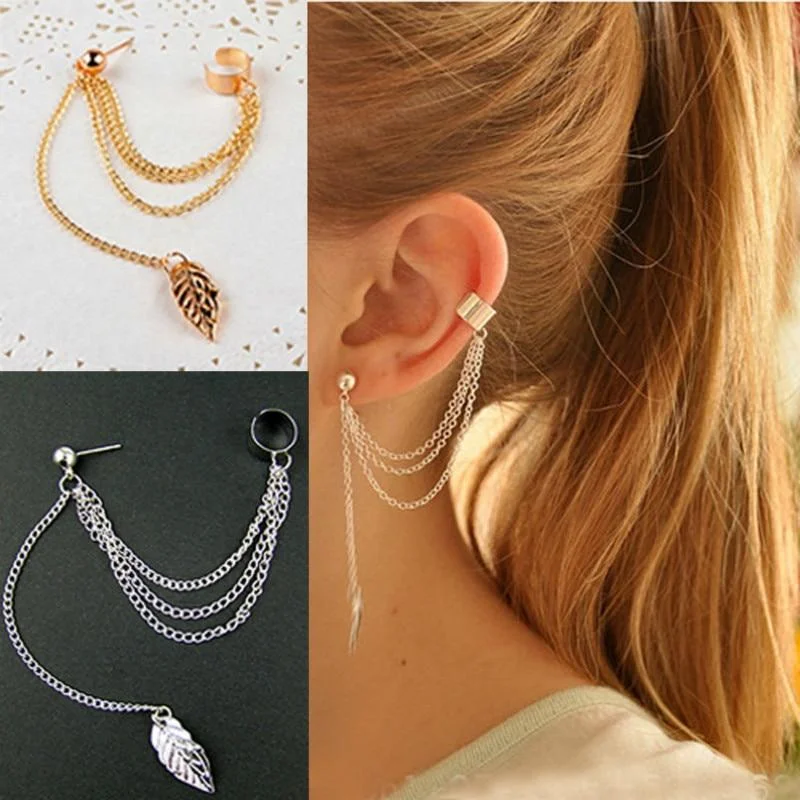 Half-moon earrings-Leaf Tassel Earrings For Women Fashionable Personality Metal Ear Clip