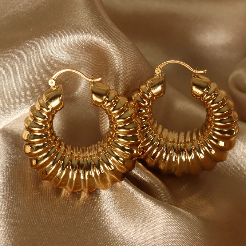 Carved wood earrings-Rachel 18ct gold plated on copper Hoop Earrings