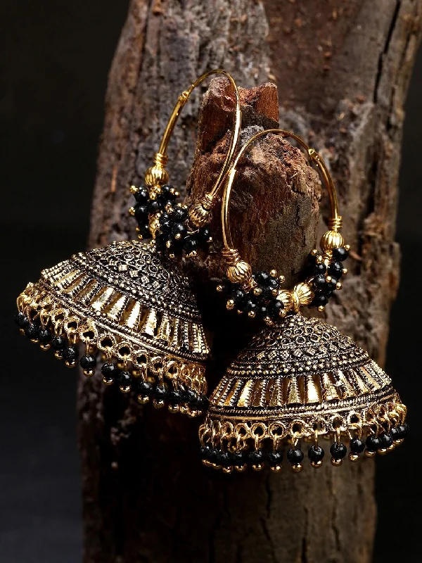 Beaded cluster earrings-Black & Gold-Plated Circular Jhumkas Hoop Earrings For Girls & Women