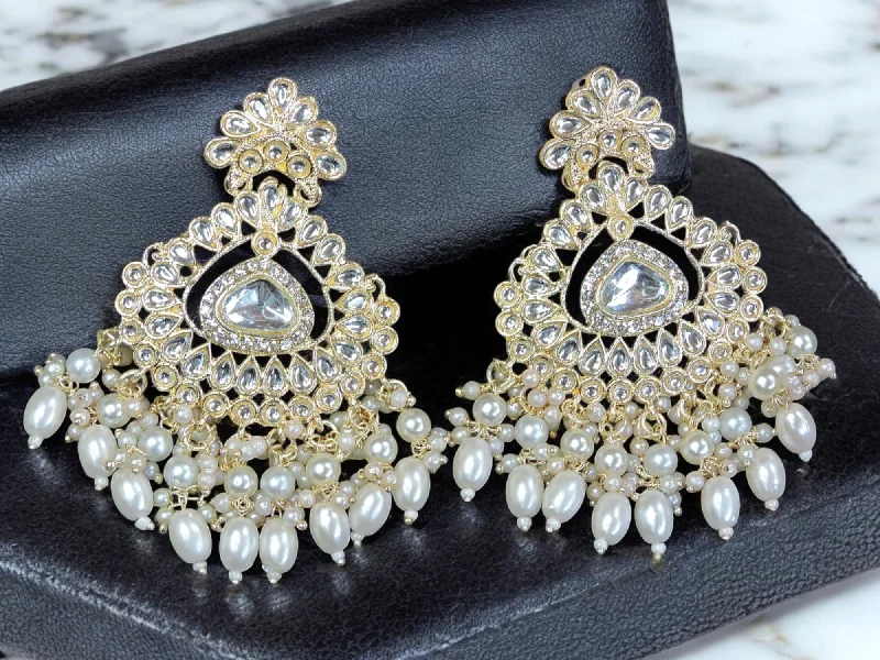 Large statement earrings-Bollywood Pearl Stone Beaded Kundan earrings Set, Indian Kundan, Indian Earrings, pearl earrings, Pakistani Earrings, bollywood Earrings