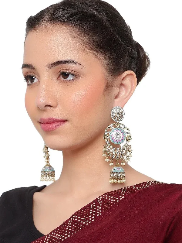 Onyx stone earrings-Meenakari Long Bridal Drop Earrings, Long Dangle Earrings, Pearl Stones cluster Dangle Indian Earring, bridal jewelry, Pakistani Jewelry