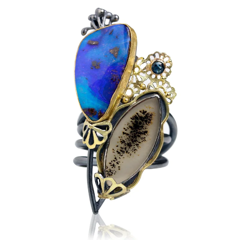 Natural pearl rings-Boulder Opal + Dendritic Agate Bloom Ring. Size 7 1/2.