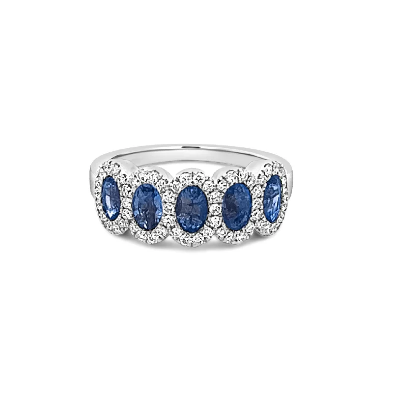 Endless loop rings-Five Stone Sapphire with Diamond Halo Ring