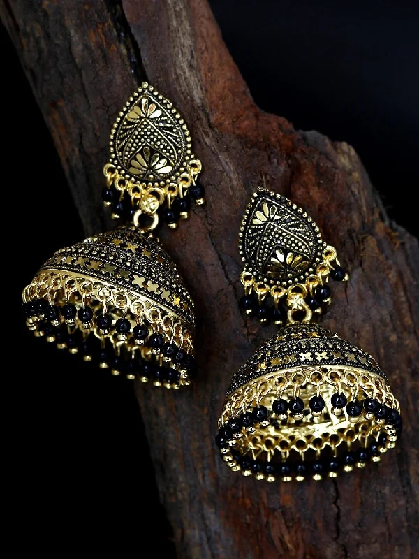 Leaf pattern earrings-Diamond Shape Embellished Black  Pearls Dome Shape Jhumka Earrings For Women and Girls