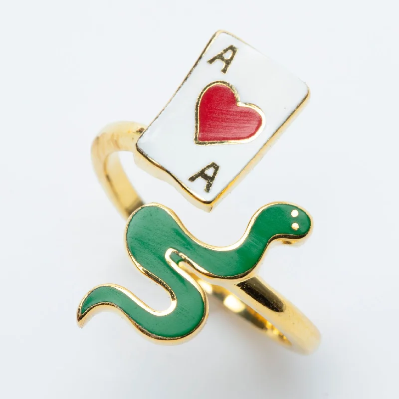 Coral inlay rings-Ace of Hearts & Snake Ring