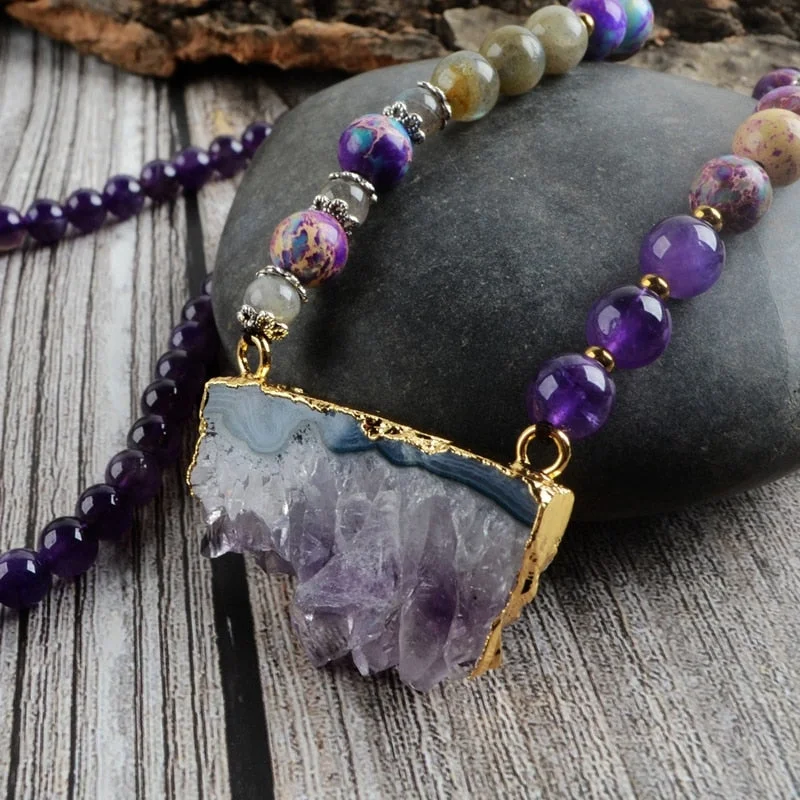 Topaz stone necklaces-Ethnic Amethyst Slice Necklace