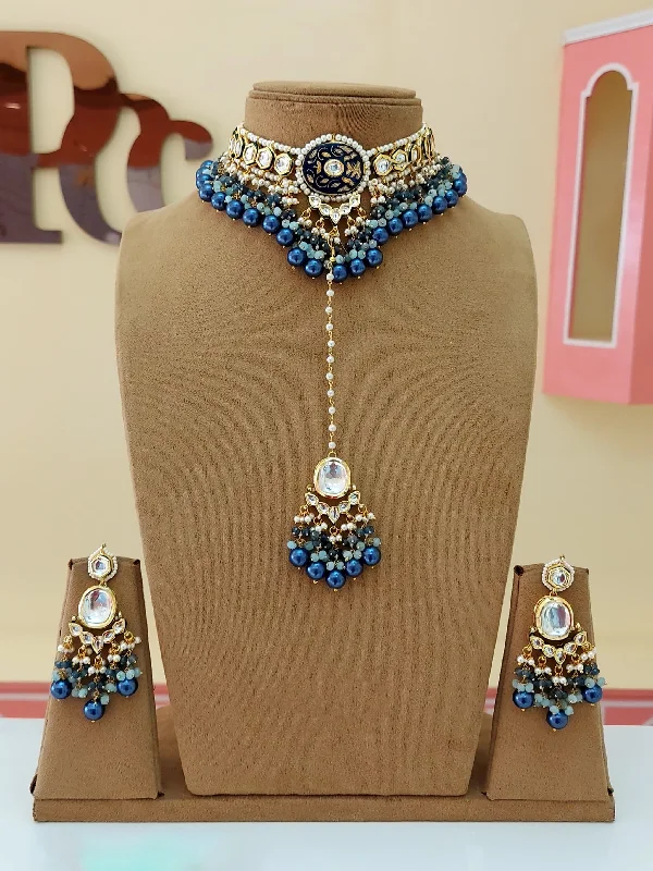 Flat coin earrings-Blue Indian Bridal Choker Earrings Maangtila Set, Jaipuri Polki Choker Set, Pakistani Choker Set, Bollywood Polki Jewelry Set