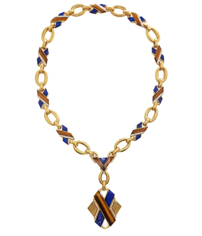 Avant-garde necklaces-'X' Necklace, Lapis Lazuli, Tiger's Eye