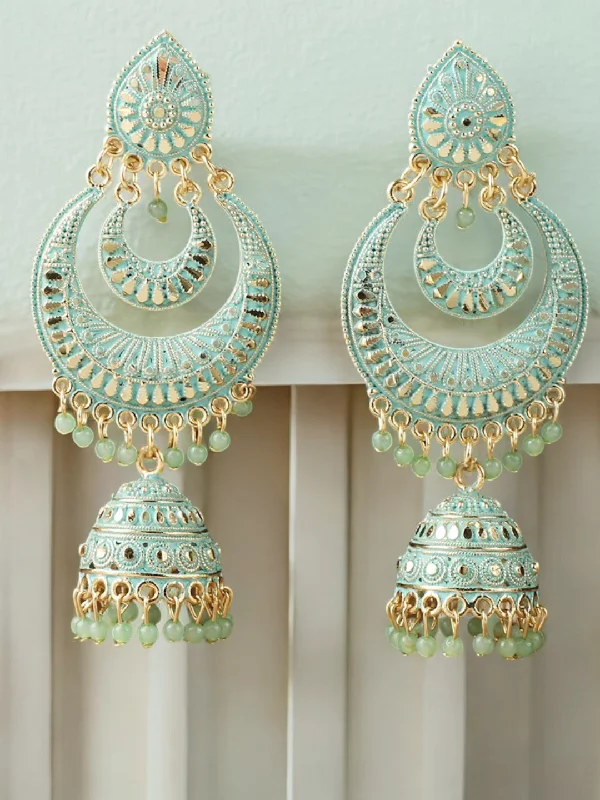 Natural pearl earrings-Mint Statement Chandbali Pearl Earrings Set, bridal earrings,  Bollywood Kundan Earrings, chandelier Pearl Kundan