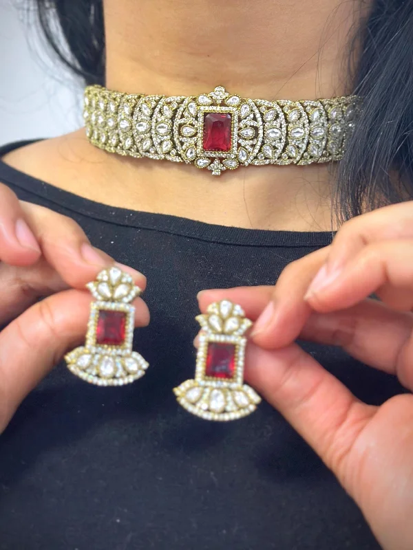 Pentagon stud earrings-Bollywood Design Gold Plated Stone Work Choker Earrings Set