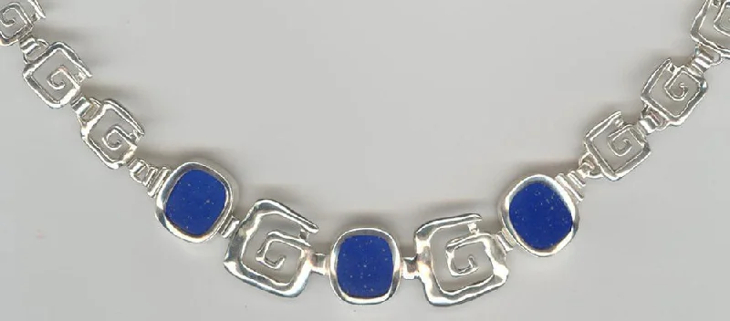 Agate slice necklaces-Greek Key Meander Necklace in Sterling Silver with lapis lazuli (PE-19)