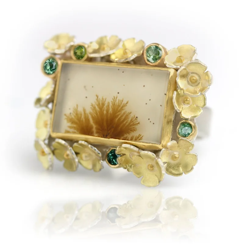 Rough band rings-Dendritic Agate Bouquet with Green Tourmalines Ring. Size 7- 7.5