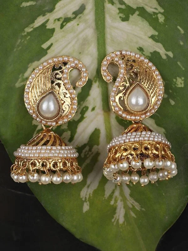 Slim threader earrings-Indian Jhumka Earring, Carry Shaped Pearl Off white Brass Jhumka Earring, Celebrity Jhumkas Indian Earrings With Pearl Women Jewelry