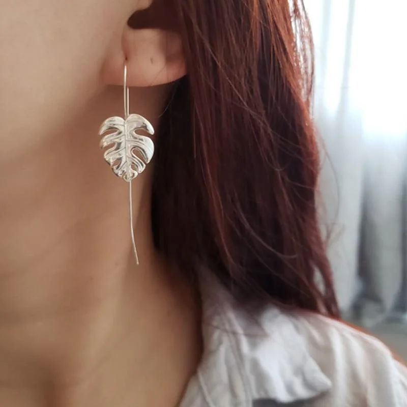 Retro clip earrings-Monstera Leaves Drop Earrings for Women Creative Handmade Design Fine Earrings