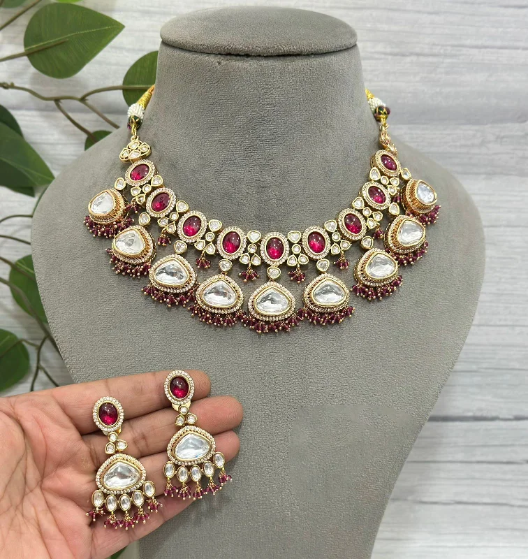 Triple-tier earrings-Celebrity Inspired Bridal Polki Choker Earrings Set, Polki Earrings Set, Polki Choker Set, Bollywood Polki Choker Set, Pakistani Polki Choker Set, Wedding Polki Jewelry Set