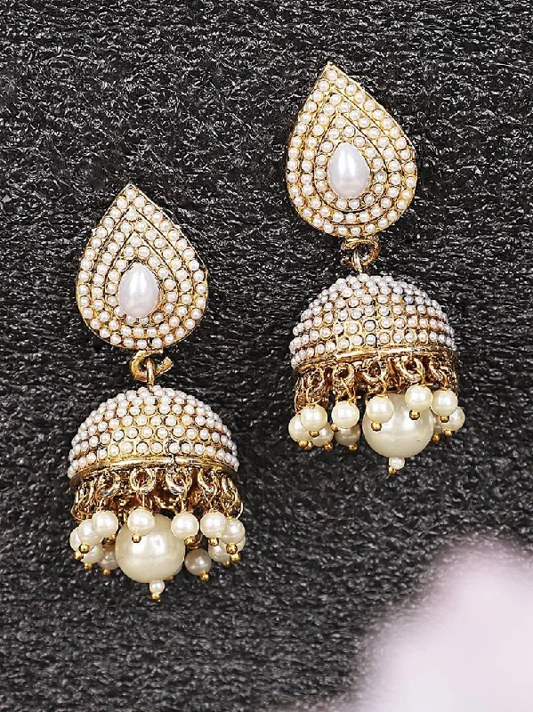 Triangular stud earrings-Jhumka earrings, Pearl Off White Brass Tear Drop Shaped Jhumka Earrings, Indian Pakistani ethnic jewelry jewellery danglers