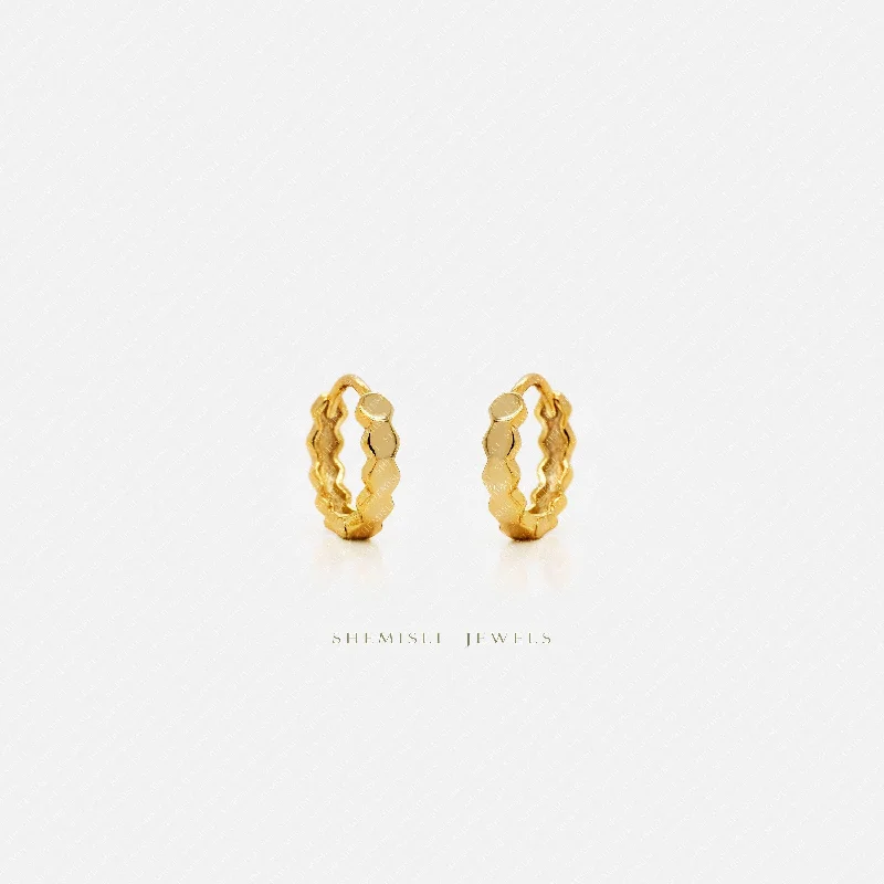 Uneven pair earrings-Hexagon Pattened Small Hoop Earrings, Gold, Silver SHEMISLI SH010