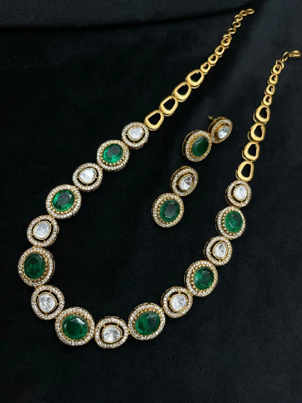 Retro deco earrings-Glamorous Green Pakistani Polki Necklace Earrings Set, Pakistani Polki Green Jewelry Set, Indian Wedding Polki Necklace Set, Bollywood Statement Jewelry Set, Bridal Polki Necklace