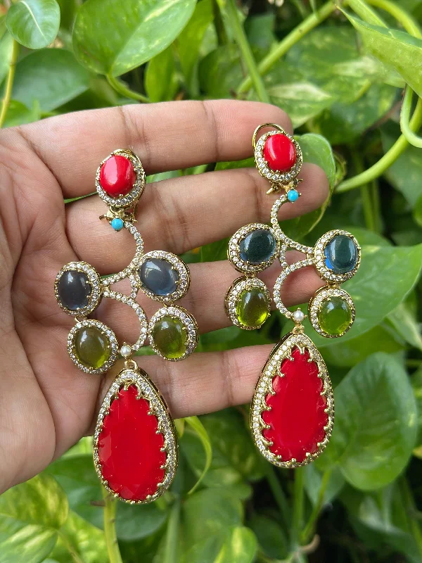 Retro deco earrings-Rajsthani Drop AD Earrings Set Indian Jewelry, CZ Traditional Earrings Set, Jaipuri AD Earrings Set, Bollywood Earrings Set, Celebrity Inspired AD Earrings Set