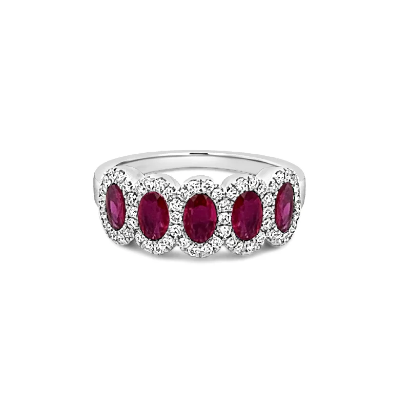 Agate inlay rings-Five Stone Ruby with Diamond Halo Ring