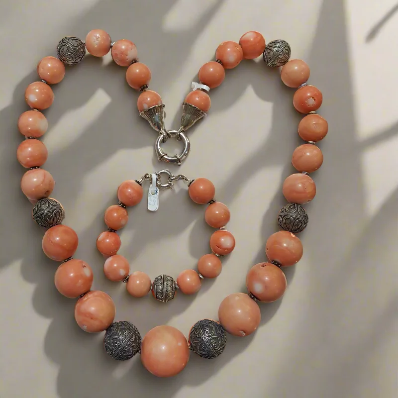 Freeform design necklaces-Necklace with Pink Coral Stones (Angel Skin) and Silver Elements