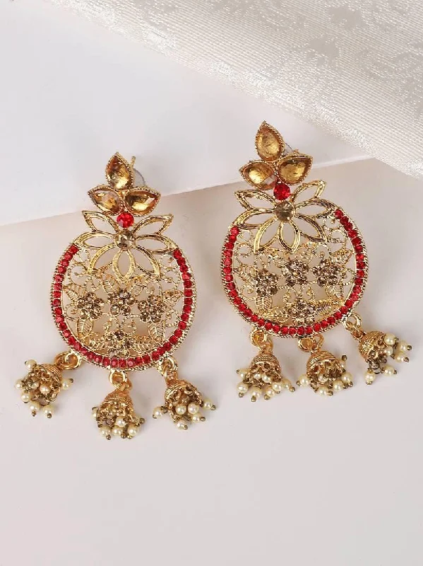 Stone-wrapped earrings-Chandbali, Red Golden Cubic Zirconia 3 Jhumki Chandbali Earring, indian jewellery, zircon, bollywood style, wedding jewellery, Kundan