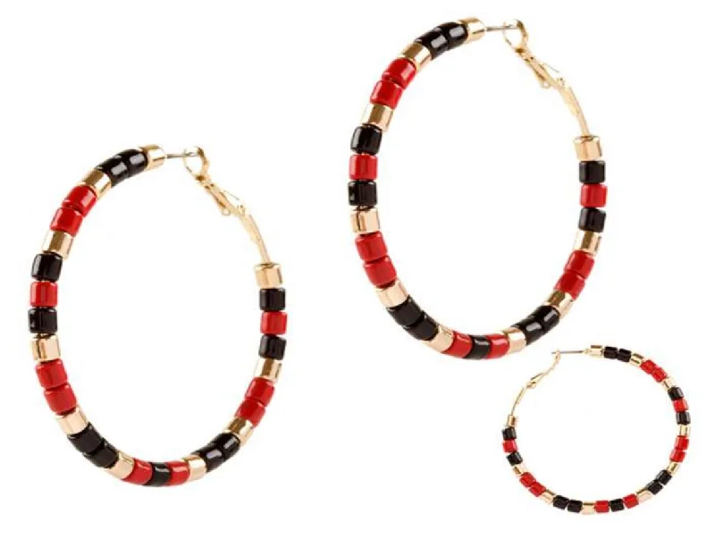 Simple stud earrings-Red and Black Beaded Hoop Sport Earrings