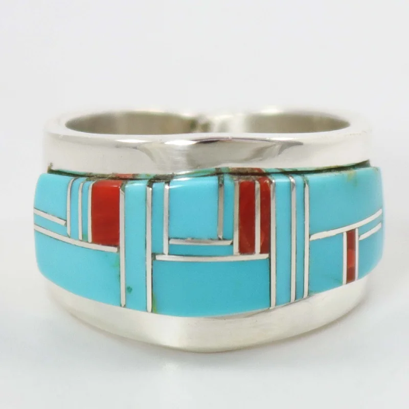 Threaded lace rings-Turquoise and Coral Inlay Ring