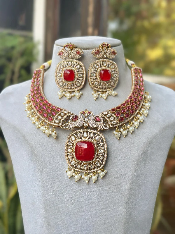 Giant hoop earrings-Jaipuri Moissanite Polki With Doublett Stones Necklace Earrings Set, Jaipuri Peacock Inspired Polki Necklace Set, Rajsthani Peacock Design Jewelry Set, Indian Polki Jewlery Set, Wedding Peacock Polki Jewelry Set