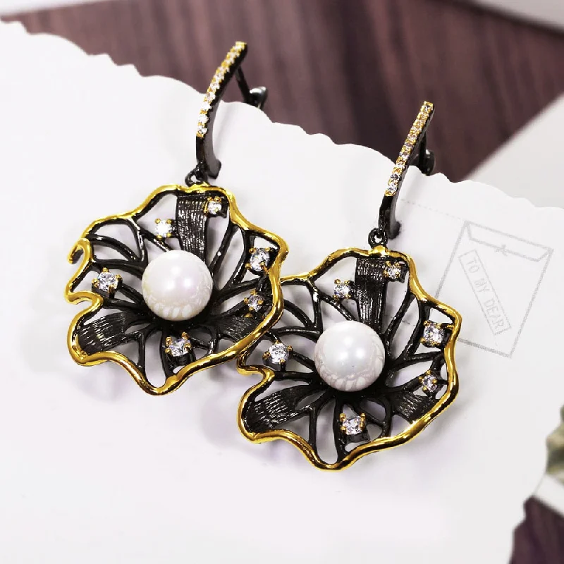 Bird feather earrings-Lotus Flower Earrings Hollow Created Pearl Black Gold Color Earrings