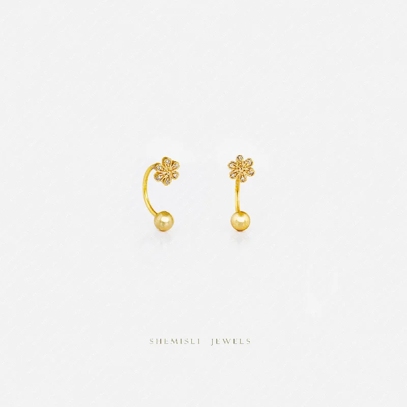 Aged gold earrings-Tiny Flower U Shaped Ear Jackets With Screw Ball End, Gold Silver SHEMISLI SJ030  (Type A)