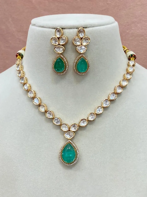 Rough texture earrings-American Diamond Teardrop Statement Necklace Set, Indian CZ Necklace Earrings Set, Bridal AD Jewelry Set, Bollywood Kundan Necklace Set, Celebrity Kundan Indian Jewelry, Silver Green Pakistani Jewelry Set