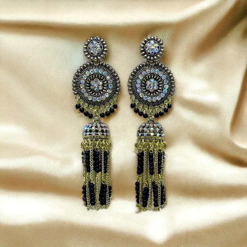 Dark gothic rings-Long dangling Circular Earring with Pearl And Gold chain Tassels