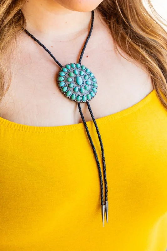 Hexagonal gem necklaces-Ladies Concho Bolo Necklace In 3 Colors, Turquoise, Fuchsia, & Mustard