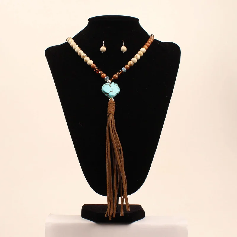 Onyx healing necklaces-Ladies Multi-colored bead Necklace w/Turquoise & Leather