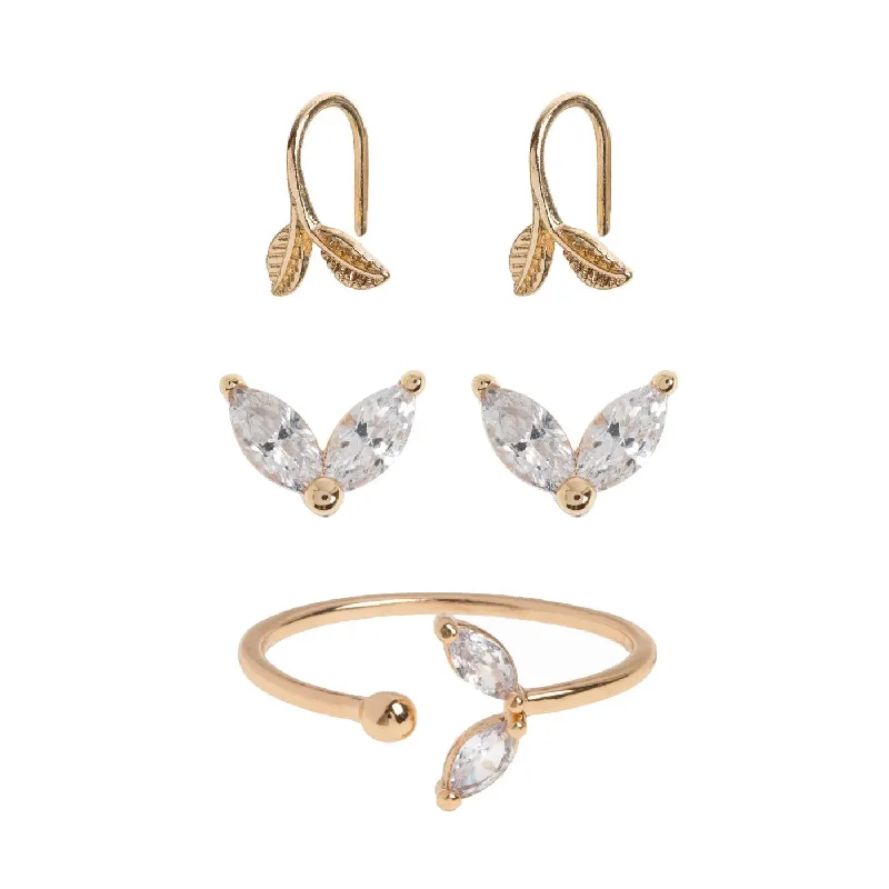 Endless loop earrings-Crystal Leaf Set Ring and Earrings