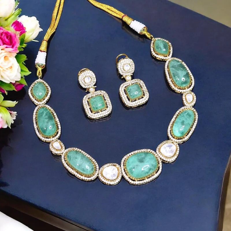 Small pearl earrings-Madhuri Dixit Inspired Mint Polki Necklace Earrings Set