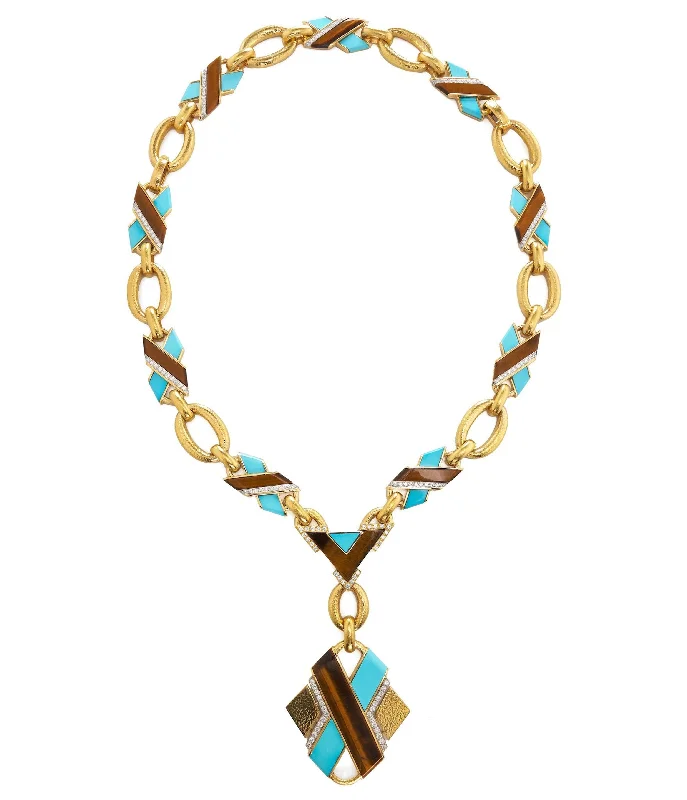 Two-tone necklaces-'X' Necklace, Turquoise, Tiger's Eye