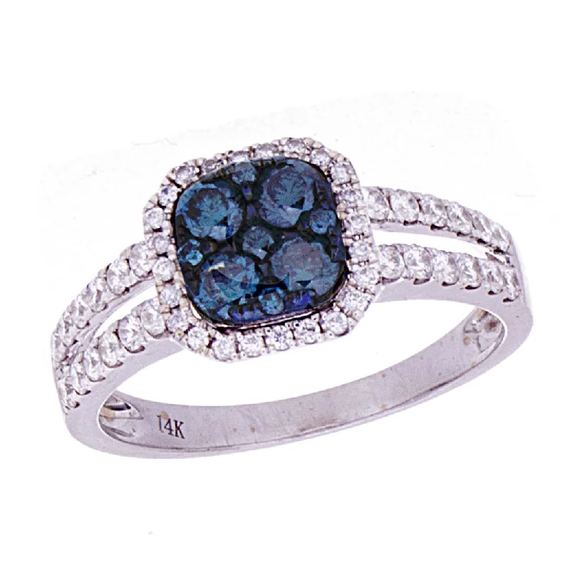 Retro wedding rings-Blue Diamond Square cluster Halo Ring