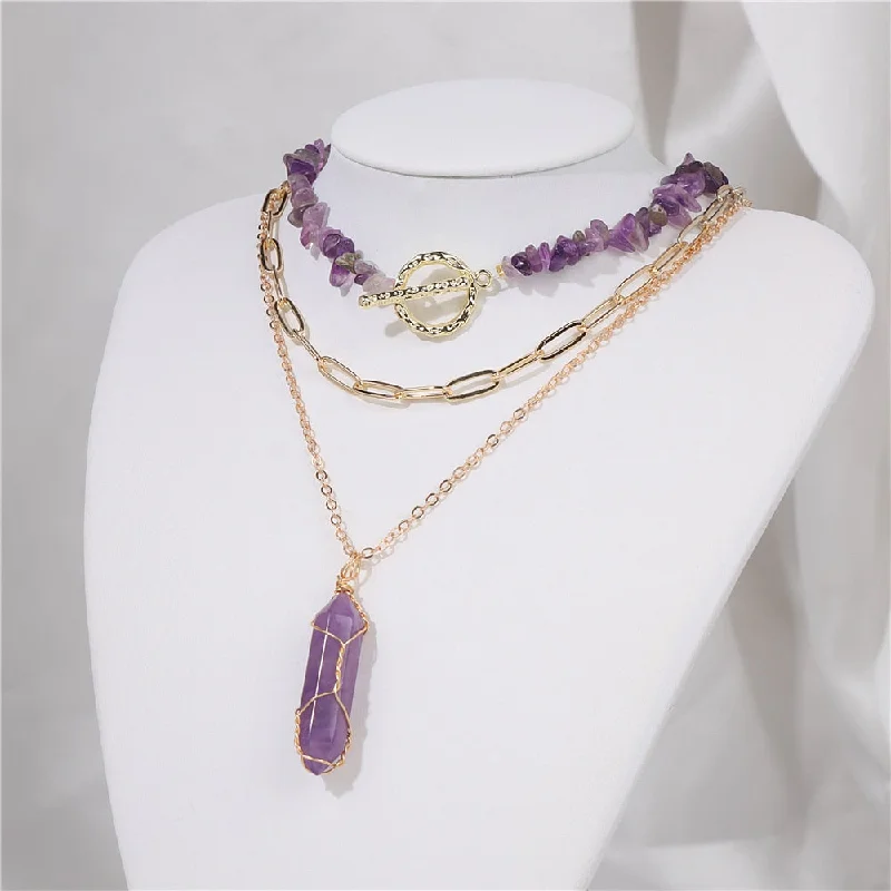 Half-moon necklaces-Multilayer Amethysts Column Necklace